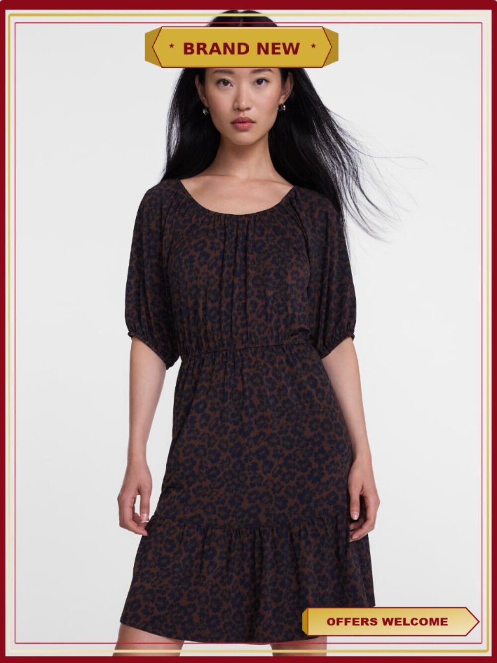 Women's Mini Dress with Shirred Waist Short Sleeve Lightweight